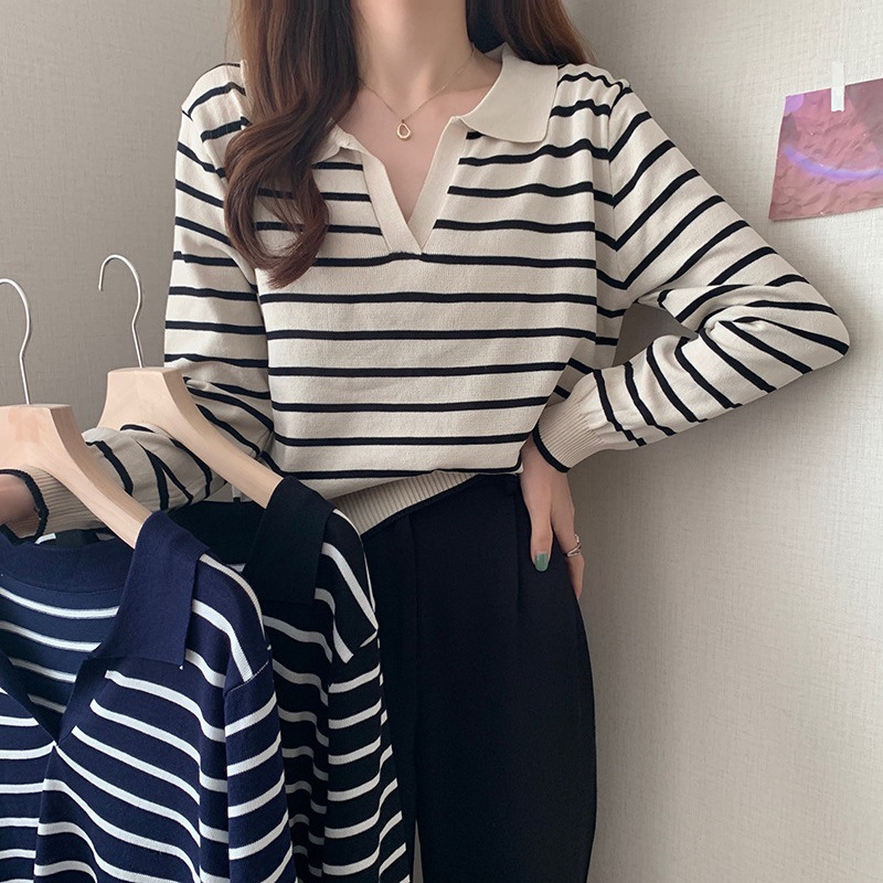 Temperament Korean style simple lapel soft waxy slim 2022 autumn and winter new casual Joker long sleeve sweater