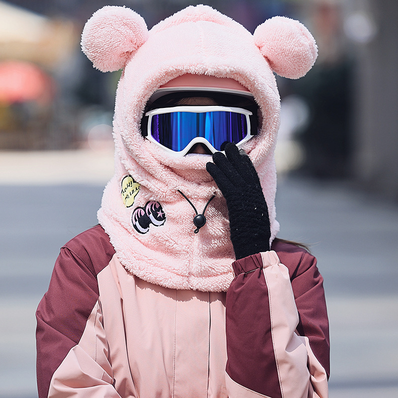Picture of Winter Warm Series Cute Bear Hat Mask All-in-One Women's Ear Protector Cycling Warm Ski Helmet plush Hat
