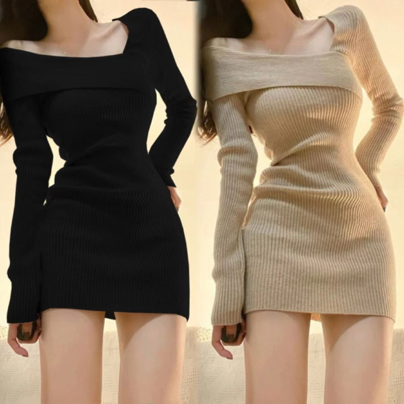 z Pure Desire Hot Girl's Hip Skirt Women's Autumn and Winter Slim-fit Waist Inner Short Skirt Skirt Skirt Shoulder Knitted Long-sleeved dress