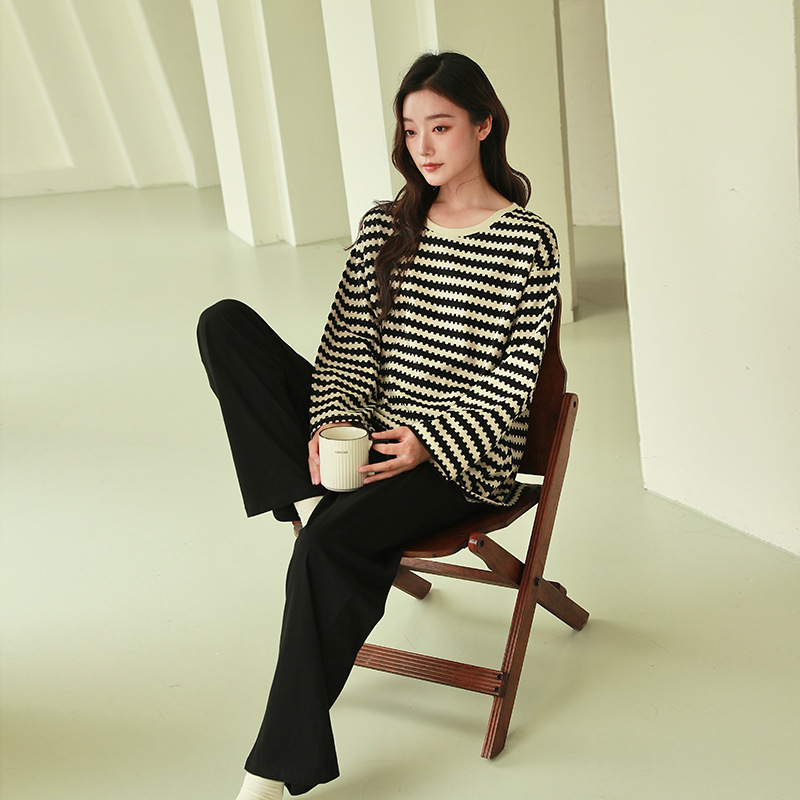 Pure Cotton Pajamas for Women, Autumn and Winter Long-Sleeved Set, Large Size, High-End Striped Black Pants, Spring and Autumn with Chest Pads, Loungewear