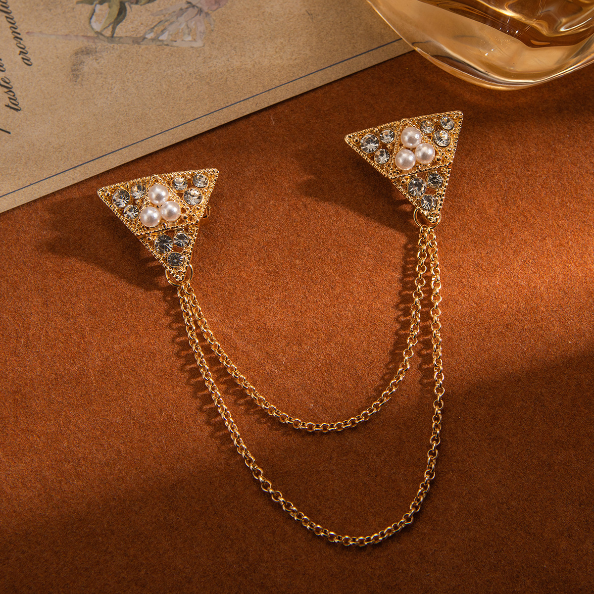 Picture of Diamond-encrusted triangle pearl brooch men's suit corsage badge tassel multi-layer chain collar pin badge pin clothing