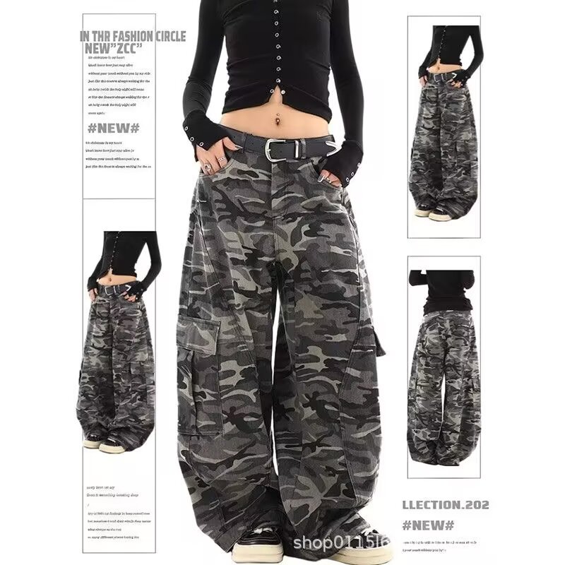 American Retro Camouflage Scimitar Jeans Men's Trendy High Street Pocket Design Straight Casual Loose Cargo Pants