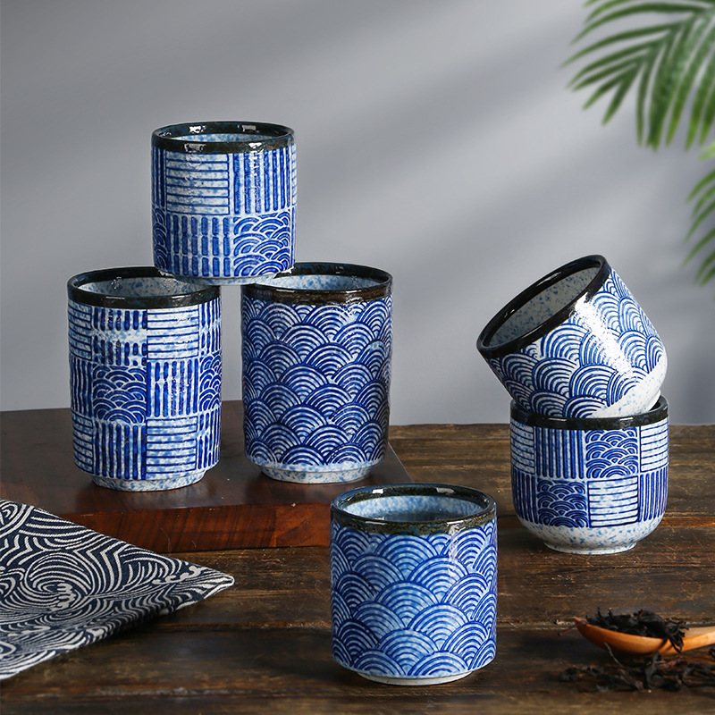 Cross-Border Qinghai Corrugated Ceramic Water Cup Japanese Tea Cup Retro Simple Sushi Restaurant Handy Cup Wholesale
