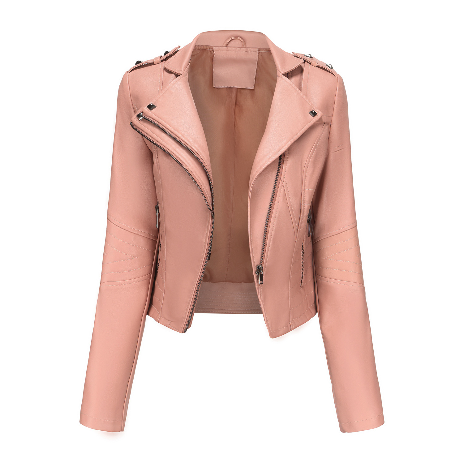 Picture of New Slim-Fitting Long-Sleeved Spring and Autumn Leather Jacket for Women with Rivets European and American Popular Short Small Coat Zipper Leather Jacket