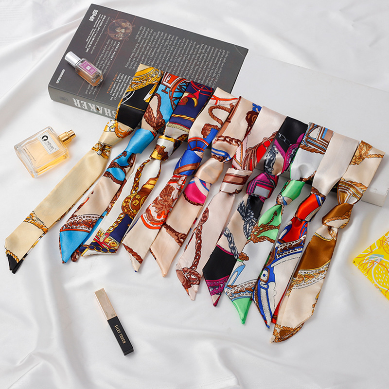 Silk Scarf Wholesale Long Beveled Small Silk Scarf Double-layer All-match Hair Belt Ribbon Decoration Tie Bag Hand Gift Box Silk Scarf