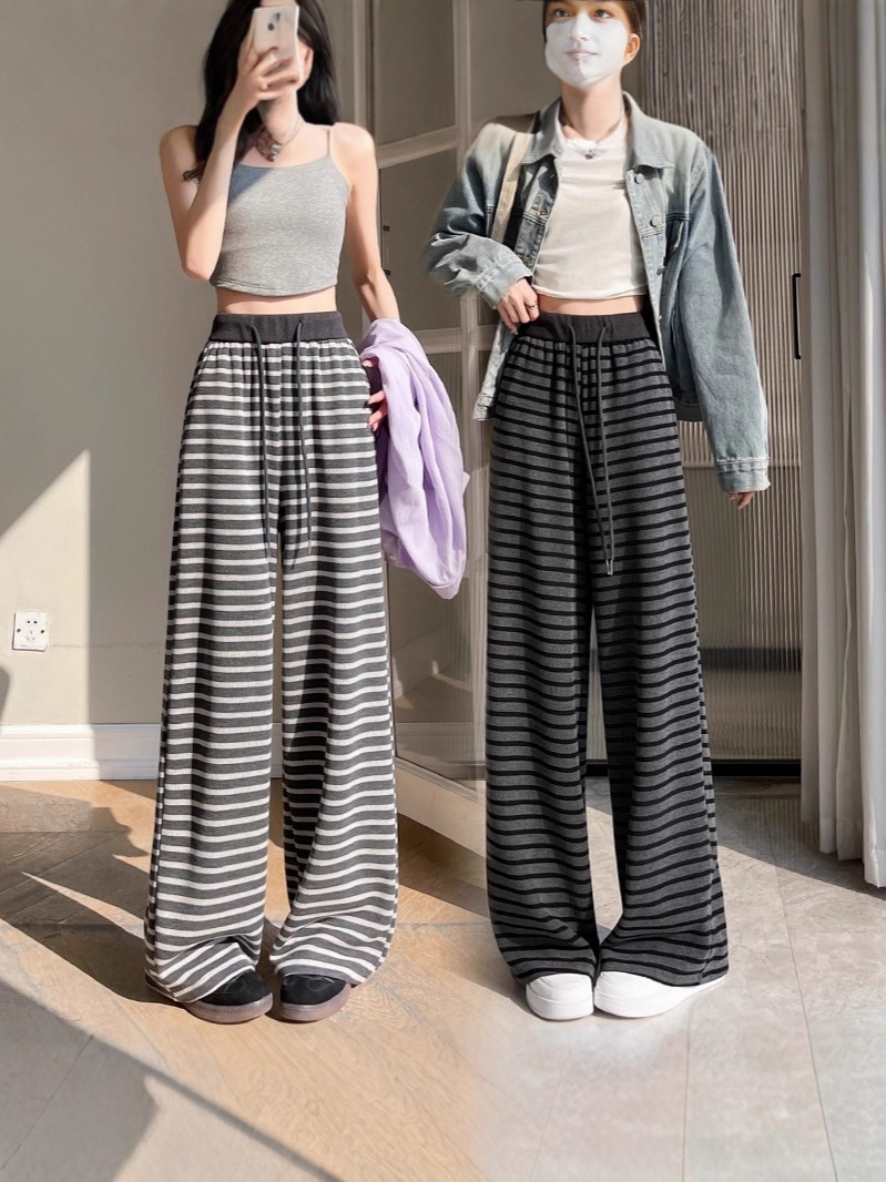 Elastic Waist Drawstring Retro Striped Wide-Leg Pants for Women 2025 Spring New High-Waisted Loose Lazy Casual Pants Long Pants