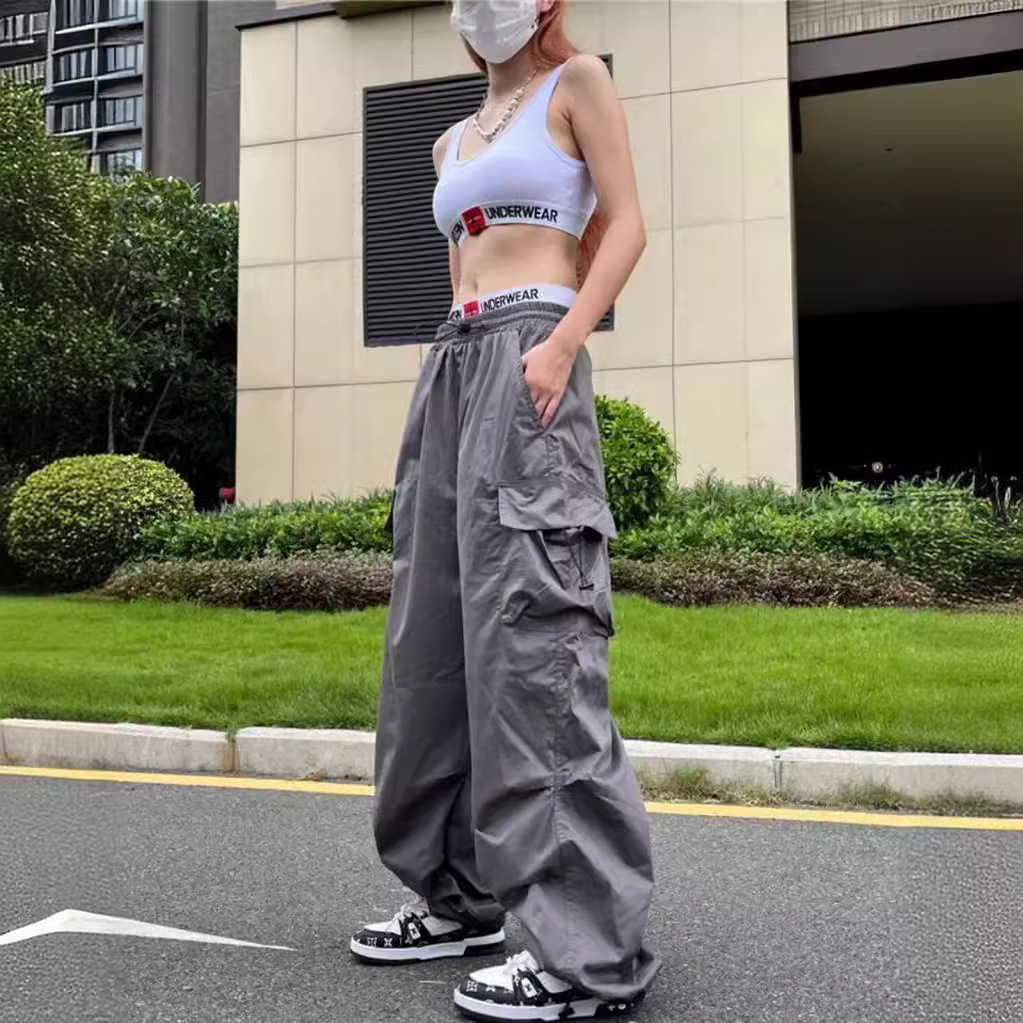 Summer explosions American casual pants new tall hot girl wide leg pants thin women's slim chic parachute pants