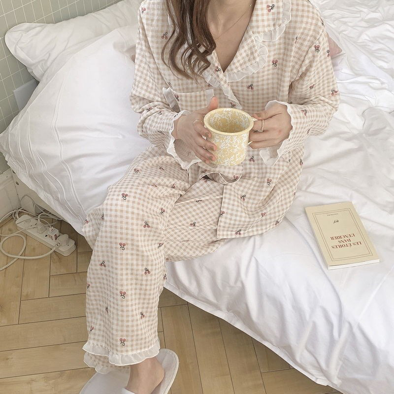 apricot Plaid Cherry Spring and Autumn Pajamas Women's Milk Silk Long Sleeve Loose Cardigan Outwear Home Clothes suit Hair