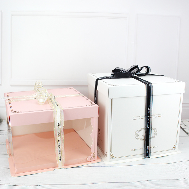 Birthday cake box translucent double layer high Barbie balloon 6/8/10 inch square packing box 50 sets wholesale