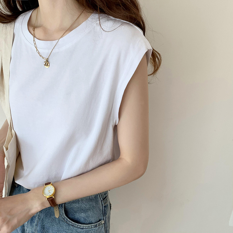 Picture of White Sleeveless T-Shirt for Women Loose 2025 Summer New Fashion Black Vest T-Shirt Student Top Outer Wear Ins