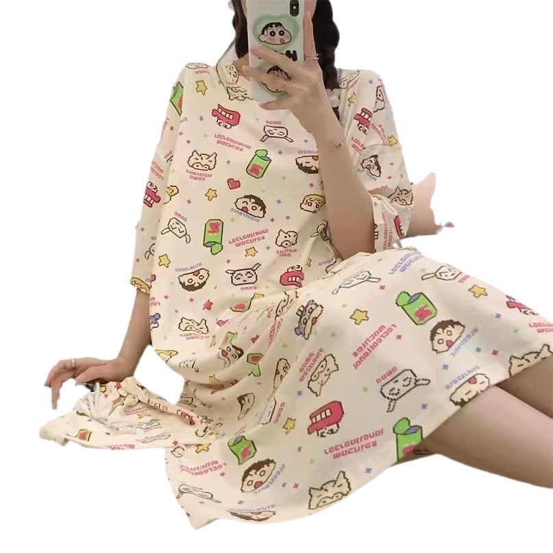 Japanese Style Instagram Style Cartoon Pajamas Women's Summer Short-sleeved Nightgown Women's Summer Outwear Cute Home Clothes for Pregnant Women and Students