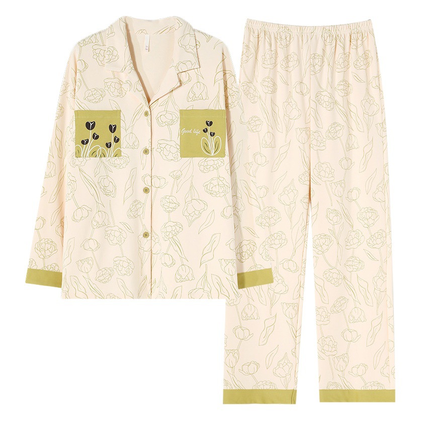 [pure cotton] 40 double-sided pajamas women's spring autumn and winter new long sleeve with chest pad home clothes suit can be worn outside