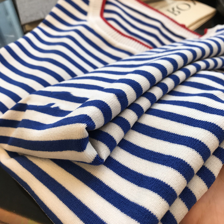 This Y must enter! Refreshing Blue and White Striped Loose Round Neck/V-neck Soul Knitted Shirt Women's Summer Thin T-shirt