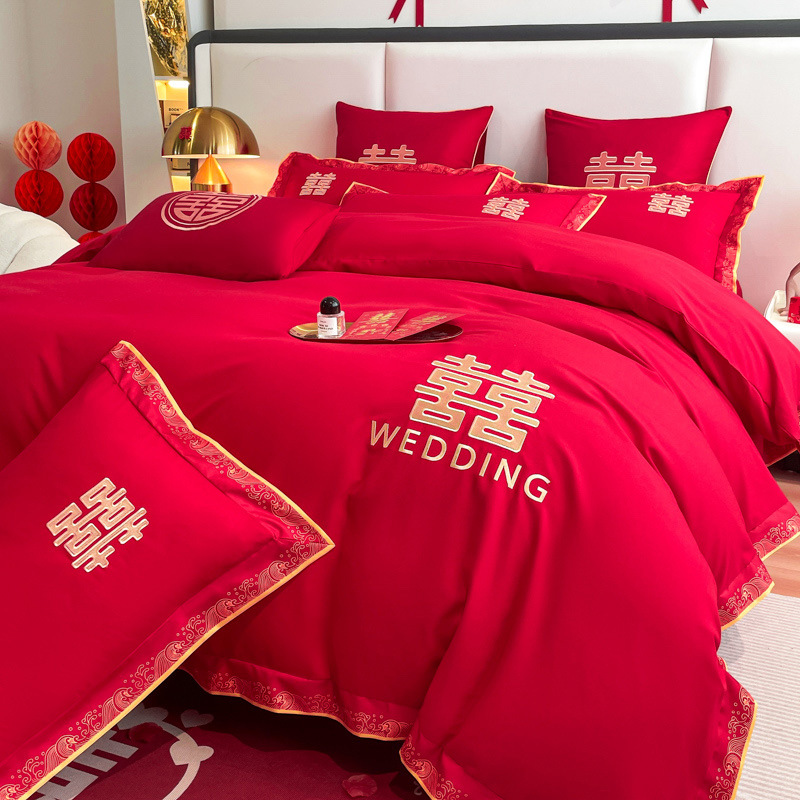 Picture of Comfortable Washed Thickeneded Brushed Wedding Embroider Four-Piece Set Red Wedding Quilt Cover Four-Piece Fitted Sheet Set