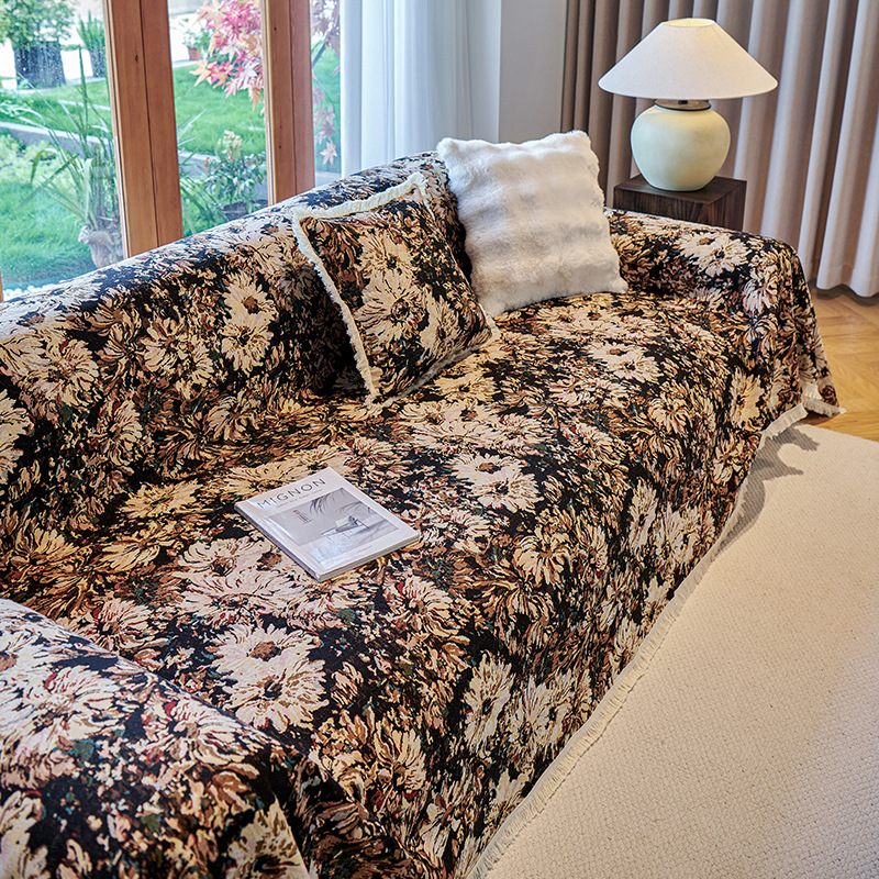 American Style Retro Cotton Linen Jacquard Fabric Sofa Towel Full-Covered Anti-Cat Scratch Universal Cover Towel Four Seasons Universal Sofa Cover