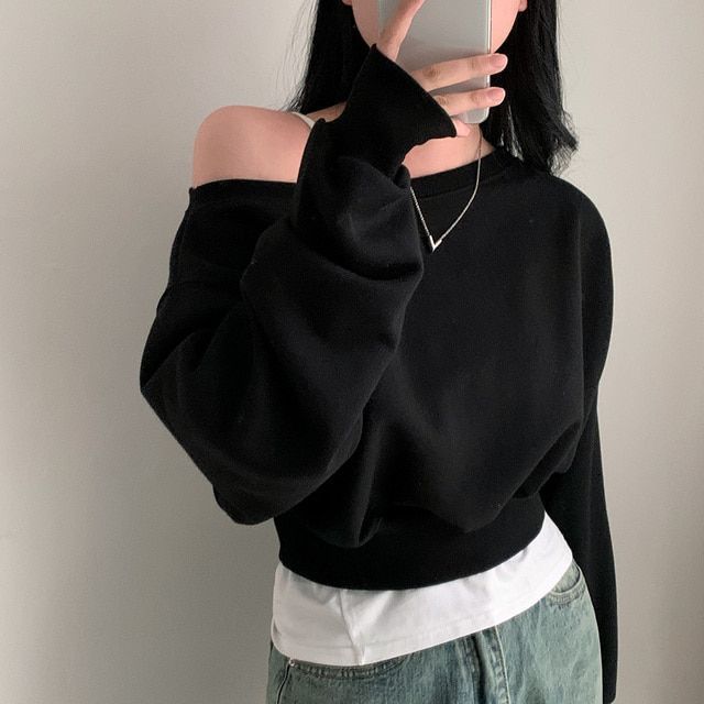 Thin Solid Color Base Shirt, Elegant Slant Collar Sweatshirt for Women, Off-Shoulder Loose Casual Sexy Short Long-Sleeved Sweatshirt for Women, Trendy