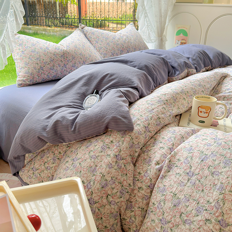 Picture of Class A Maternal and Infant Grade Fresh Small Zhu Cotton Four-piece Set Washed Cotton Bed Sheet Quilt Cover Three-piece Set for Student Dormitory