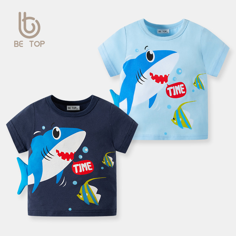 Customized New Children's Short-sleeved Cartoon Shark Top Boys' Pure Cotton T-shirt Summer Summer Dress One Piece Take Sample