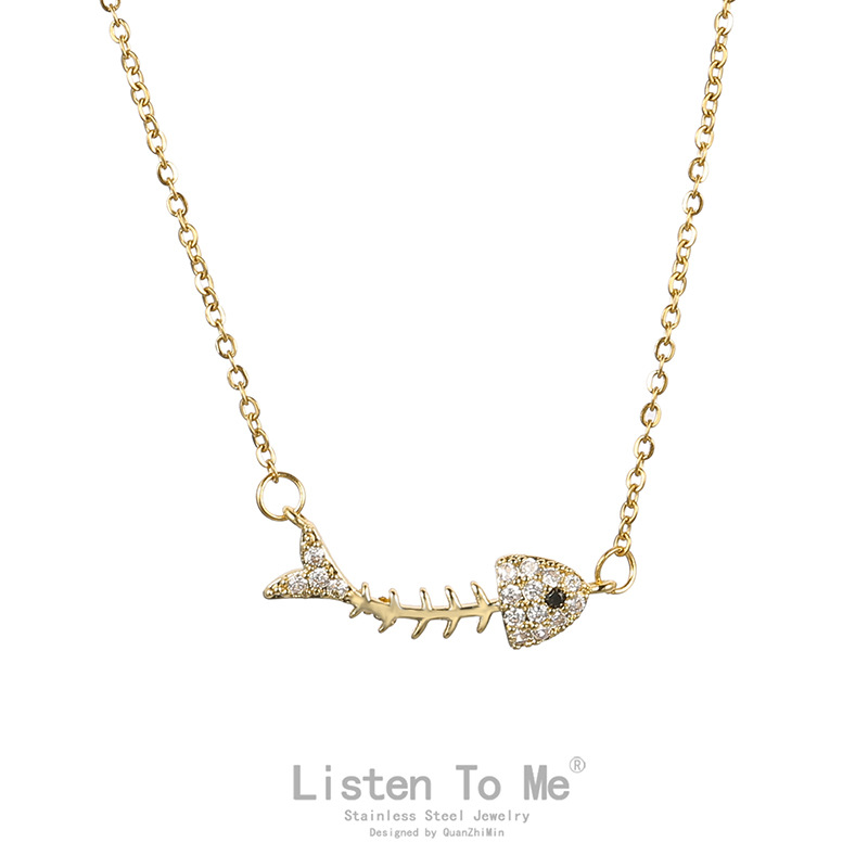 Picture of High-grade exquisite micro-inlaid fish bone necklace women's clavicle chain short gold personality pendant titanium steel furnace real gold