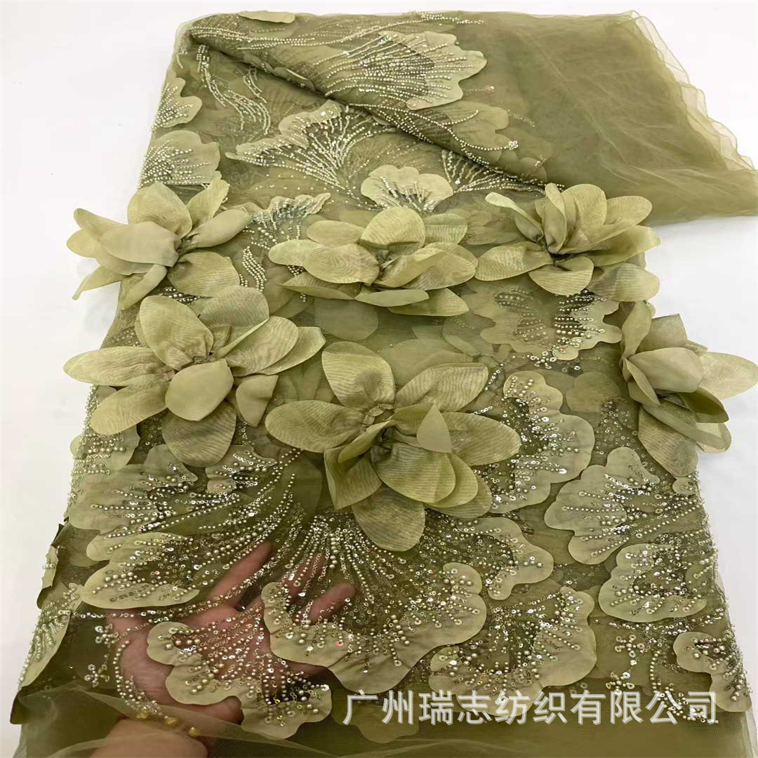 New three-dimensional hand-ordered flower mesh sequined bead tube embroidery fabric women's dress wedding dress embroidery cloth