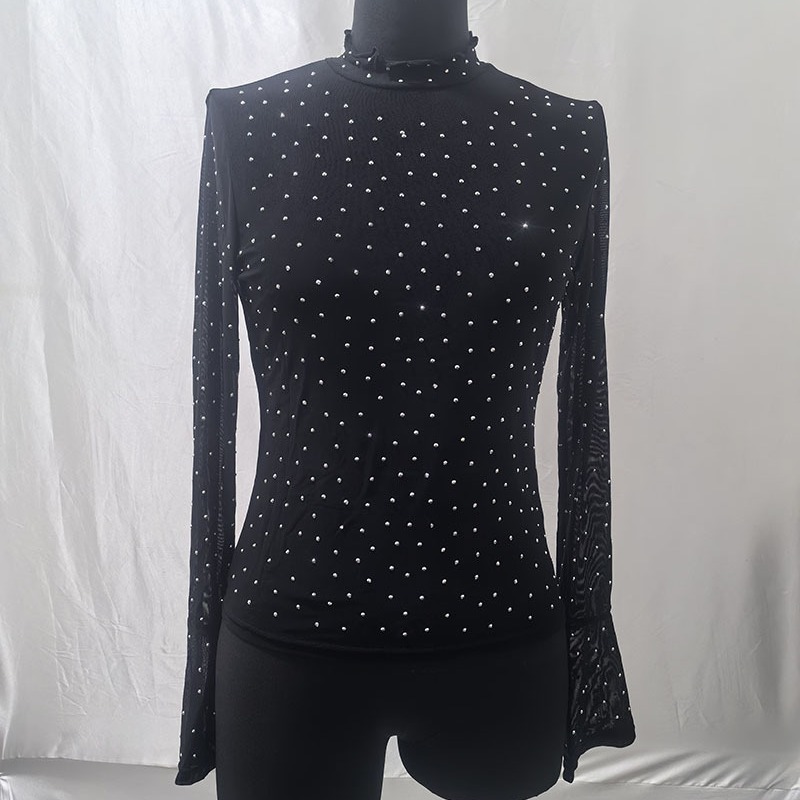 Sexy transparent mesh T-shirt women's long sleeve Spring and Autumn new hot rhinestone lace shirt top trendy tight bottoming shirt Women