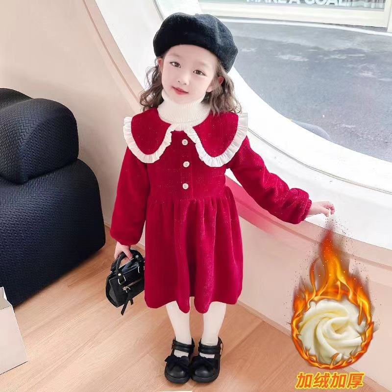 Fashionable fashionable girl fleece-lined warm dress 2024 New Year red New Year greeting dress doll collar girl princess dress