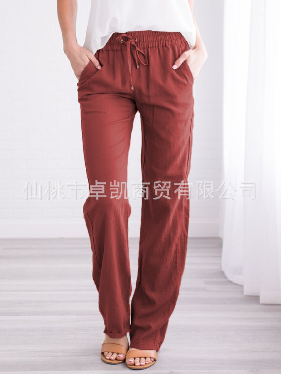 Picture of 2025 Cross-Border Ebay Amazon Wish Spring and Summer New Pure Color Cotton and Linen Loose Drawstring Casual Wide-Leg Pants for Women