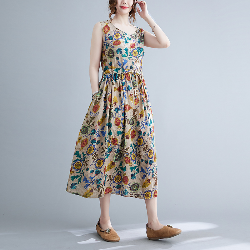 Summer 2023 plus size women's retro artistic loose printed sleeveless cotton linen dress vest camisole dress