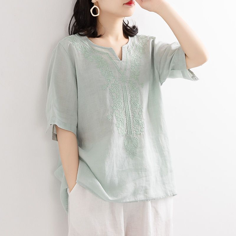 Picture of Pure Cotton V-Neck Summer New Cotton and Linen Shirt Women's Literary Loose Pullover Embroidered Short-Sleeved T-Shirt Women's Embroidered Top Trendy