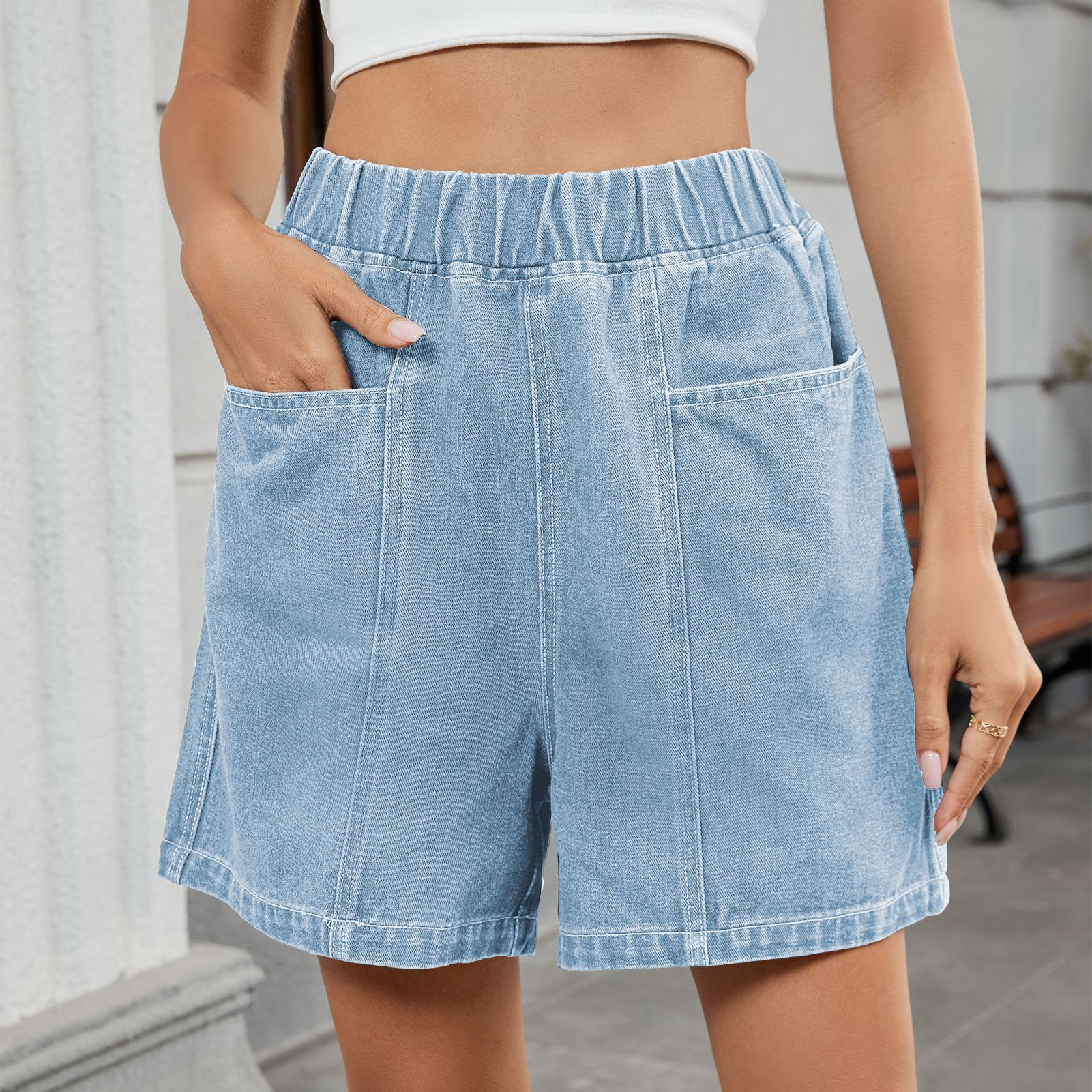 European and American Cross-Border Foreign Trade Women's Summer New Amazon Aliexpress Washed Elastic Waist Denim Casual Shorts Trendy