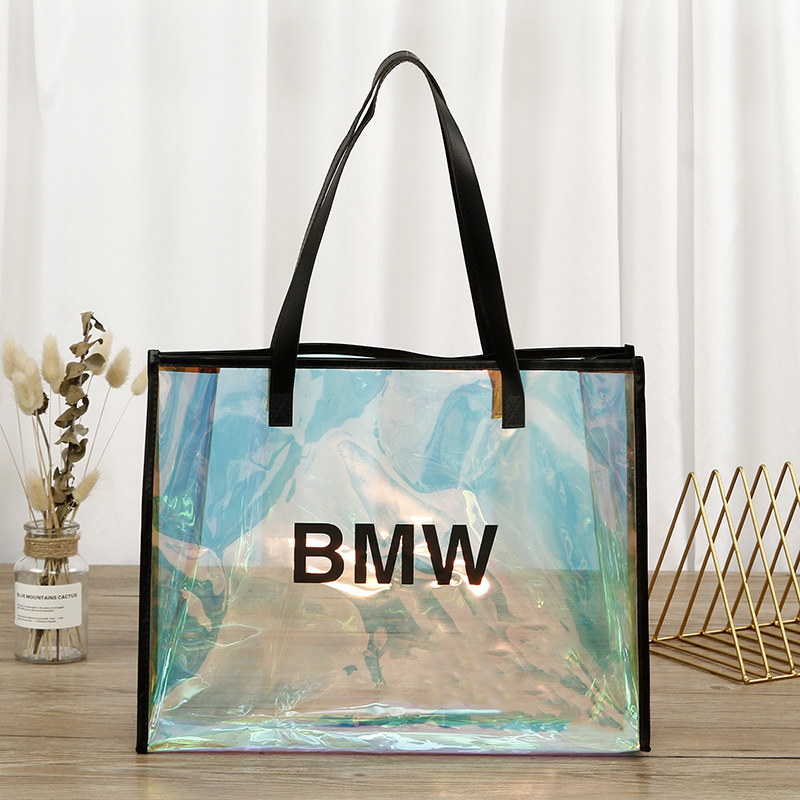 Laser pvc tote bag custom Fashion shoulder tote bag pu leather edging pvc tote bag custom logo