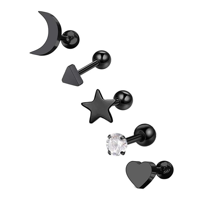 Picture of 5-Piece Set of Amazon Geometric Stainless Steel Zircon Earrings Cross-Border European and American Piercing Jewelry Silver Twisted Tooth Earrings