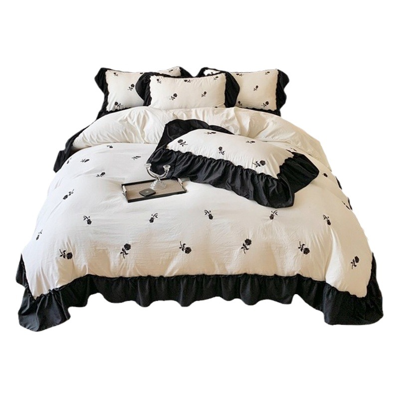 Hepburn Style Ins French 100% Cotton Four-Piece Set Black Rose Embroidered Duvet Cover Bed Sheet Style 1.8 Washed Cotton Four-Piece Set