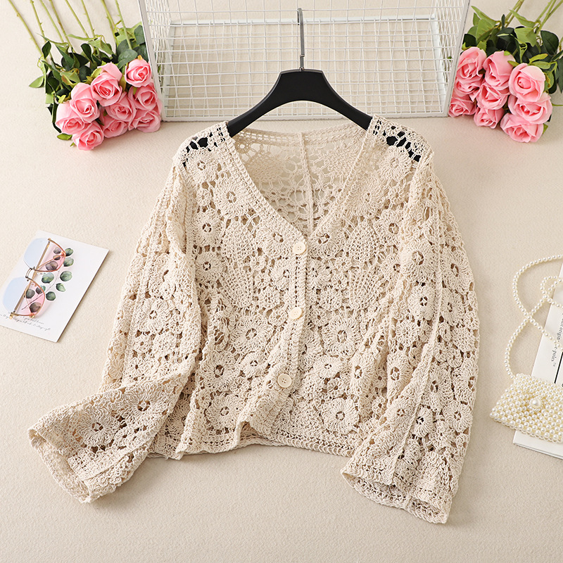 Picture of Long-sleeved Hollow-out Knitted Cardigan Women's Summer Outer Wearing New Crochet Short Chic Small Shirt with Skirt Air Conditioning Top