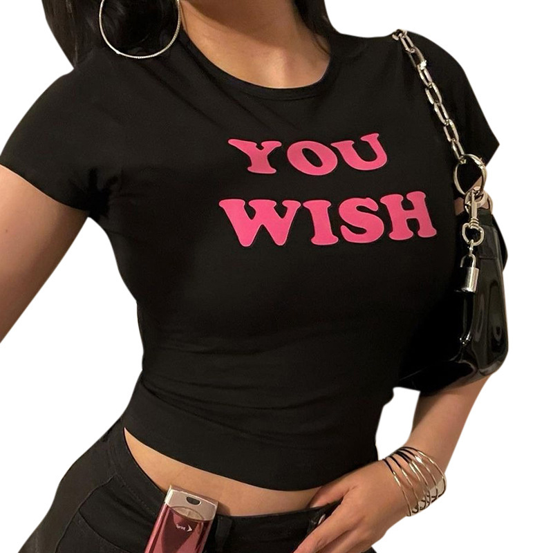 You Wish Pink Letter Y2K Top Distinctive Navel Short-sleeved Women's Street Sexy Nightclub Style