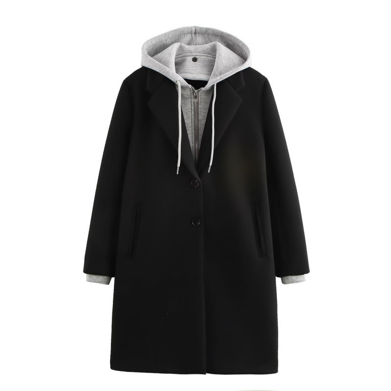 SAW AliExpress independent station 2024 European and American style women's autumn fashion detachable hooded splicing long coat