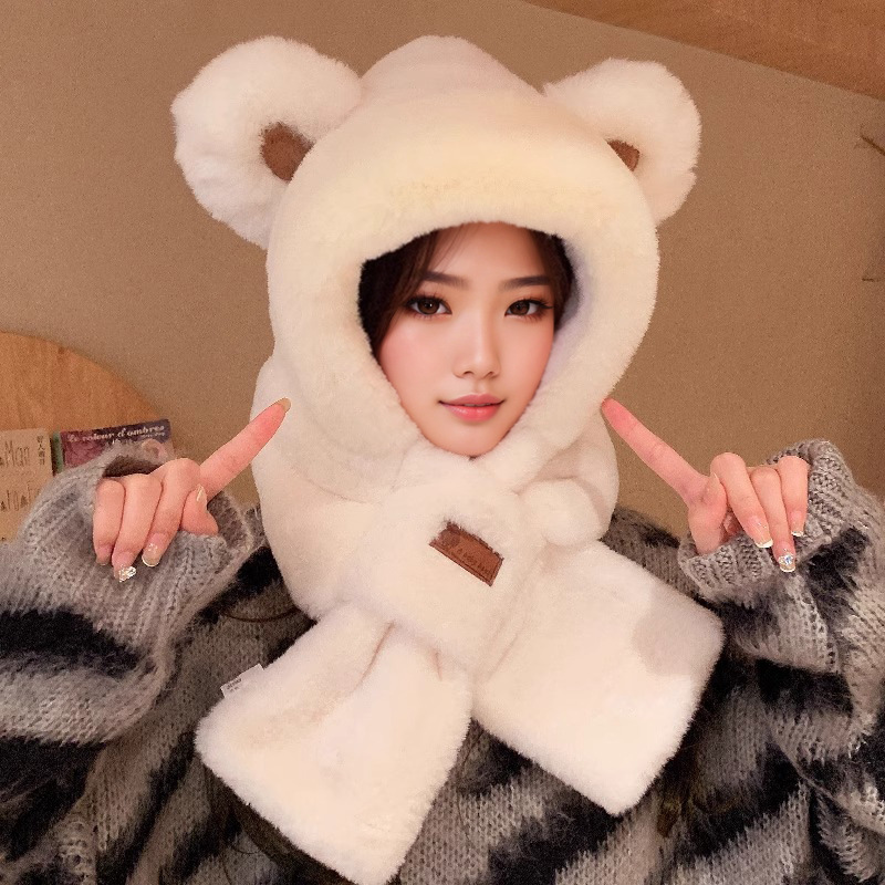 Picture of Cute Bear Hat Gloves Three-in-One Scarf Plush Hat Winter Riding Women's Easy Outdoor High-Level Warm Hat