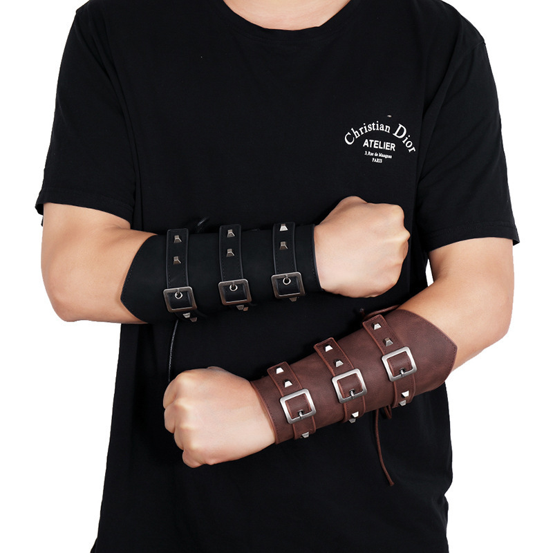 Picture of Men's Motorcycle Leather Wrist Bracer Punk Adjustable Casual Bracelet Exaggerated Rivet Hip Hop Bracelet Leather Wrist Bracer