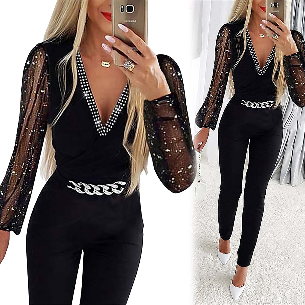 Picture of 2023 Autumn New Amazon European and American women's solid color V-neck long sleeve rhinestone high waist professional casual jumpsuit