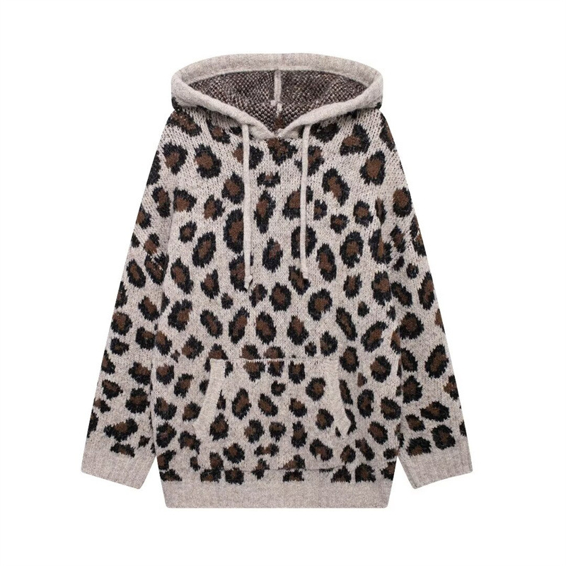 SAW AliExpress Independent Station New European and American Style Women's Street Hooded Leopard Jacquard Knitted Wear 2142195