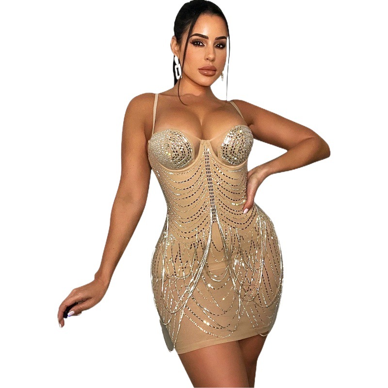 Os6693 Cross-Border Summer New European and American Fashion Nightclub Sexy Mesh Hot Diamond Tassel Suspender Dress