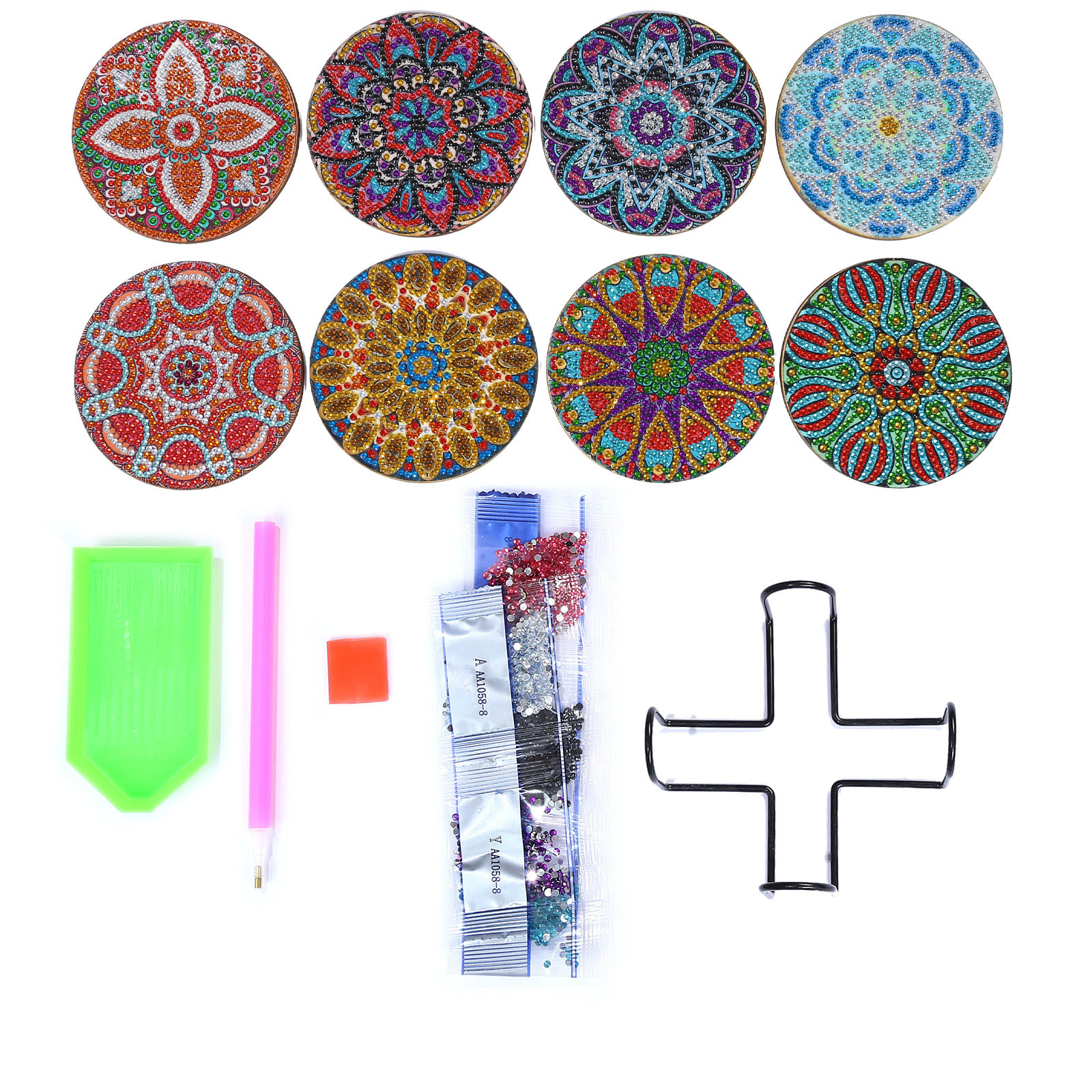Amazon Best Selling 5D Handmade DIY Wooden Dot Diamond Insulated Anti-Slip Diamond Painting Mandala Coaster with Stand