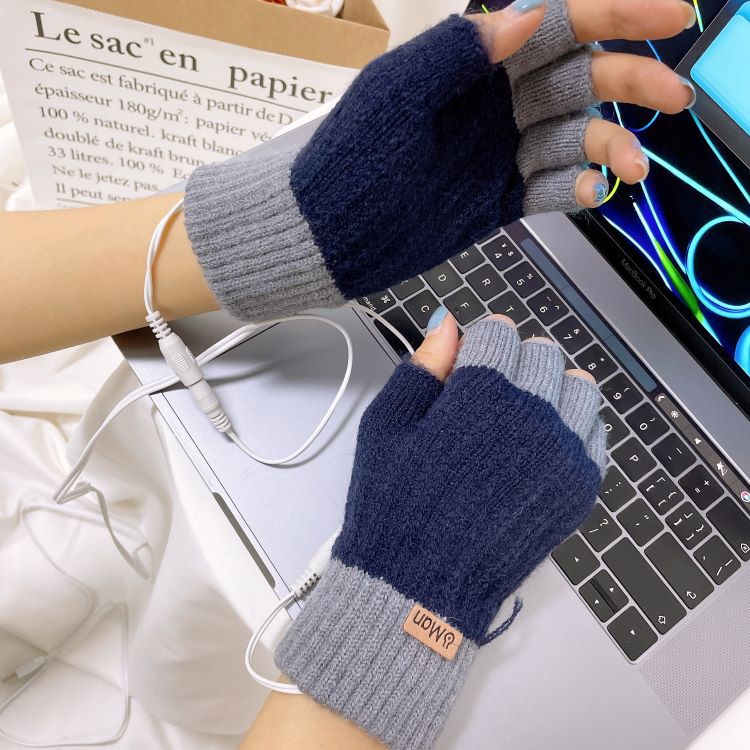USB heating gloves knitted color matching adult student half finger electric heating gloves USB socket warm gloves without flip cover