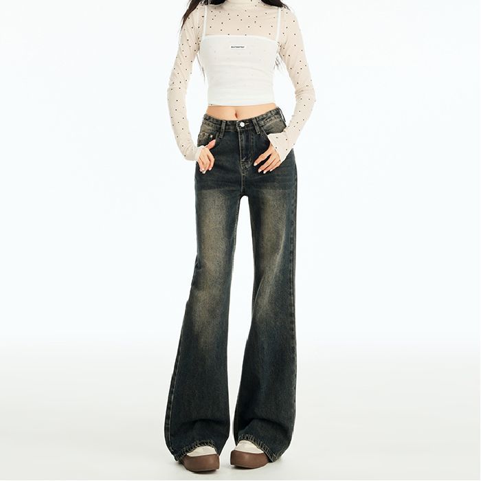 American Style Retro Washed High Waist Pants Women's 2025 Spring New Slim-fit Pants Women's Floor-length Pants