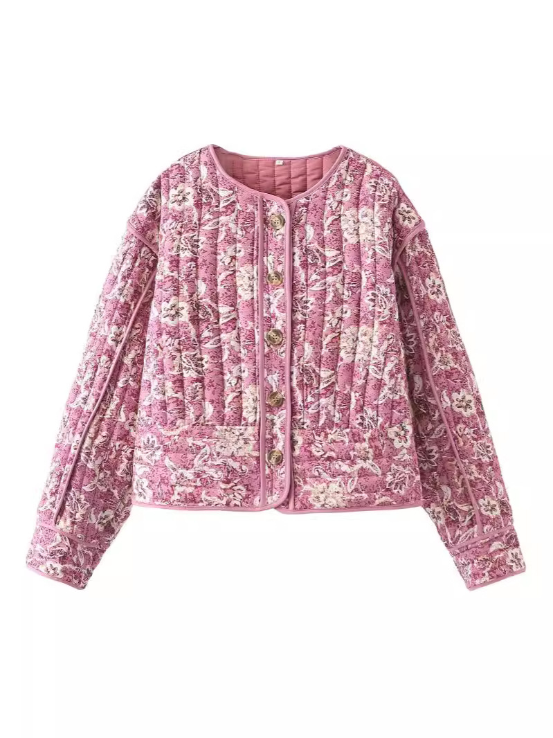Picture of Cross-Border Wholesale 2024 Spring New European and American Clothing Fashion Printed Round Neck Cotton Outwear Loose Buttoned Cotton Outwear