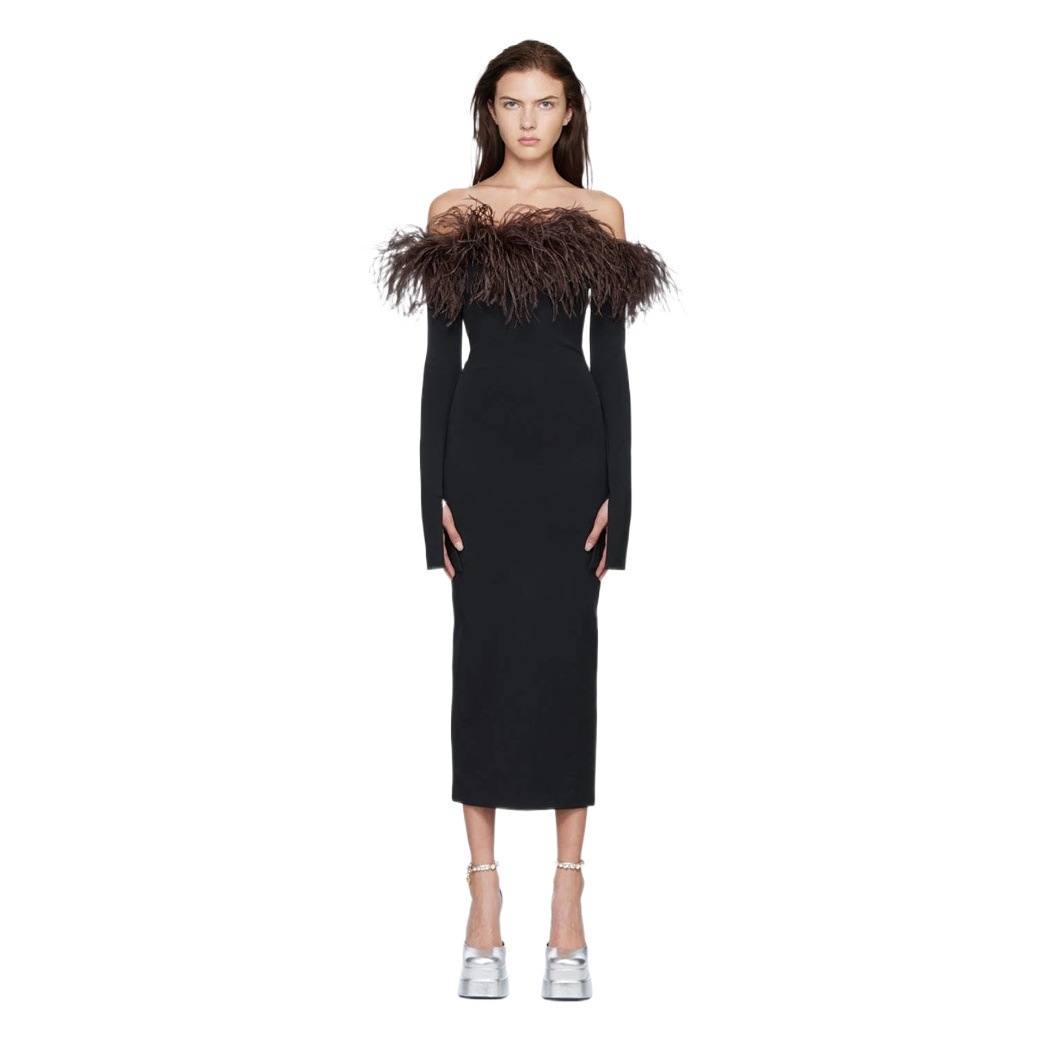 2023 Camel Bird Feather Designer Women's New Spring Dress Black Long Sleeve One Shoulder Long Bandage Skirt