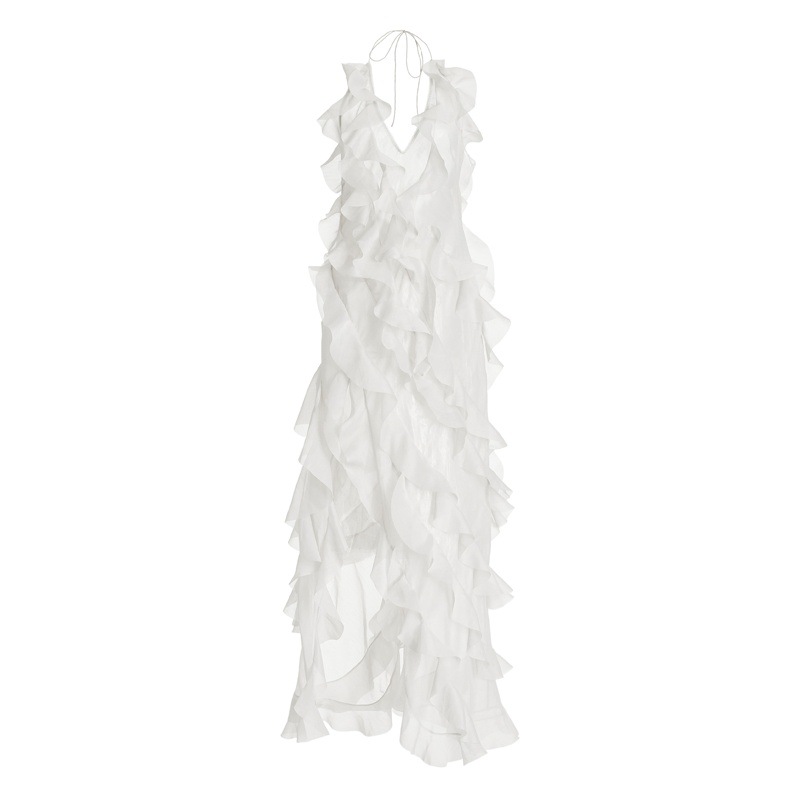 New cross-border European and American women's clothing dress sexy deep V transparent meat strap dress high slit ruffled cake skirt
