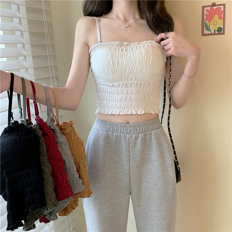 Women's Pleated Short Cropped Camisole Vest for Summer Korean Style Slim-fit Slimming Beautiful Back Base Top with Chest Pad for Women
