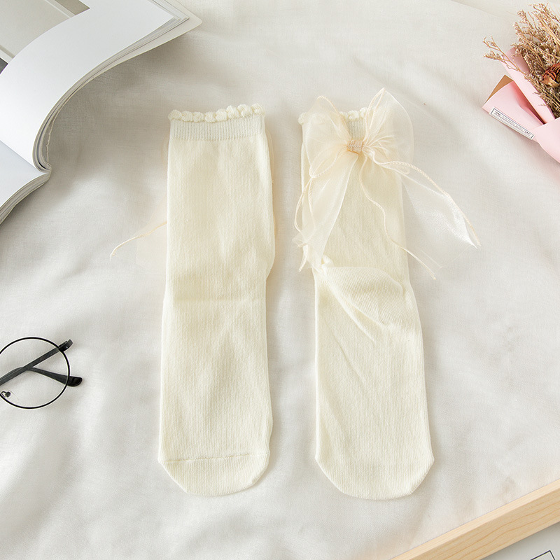 Picture of White Socks for Women Lolita Cute Soft Girl Silks and Satins Lace Mid-Calf Long Socks Lolita Uniform Jk Bow