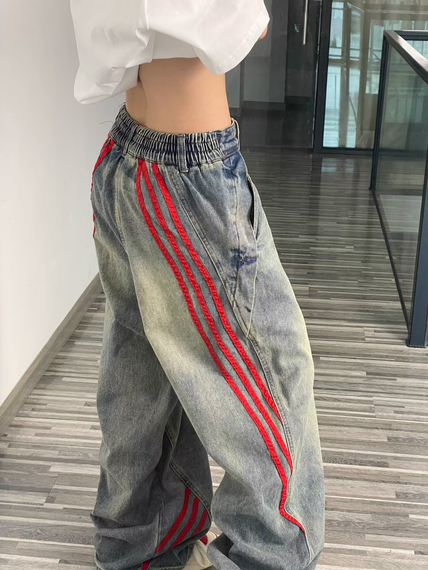 Retro Striped Splicing Jeans for Women Summer New Loose Trendy Brand Straight Casual Distressed Workwear Wide Leg Pants